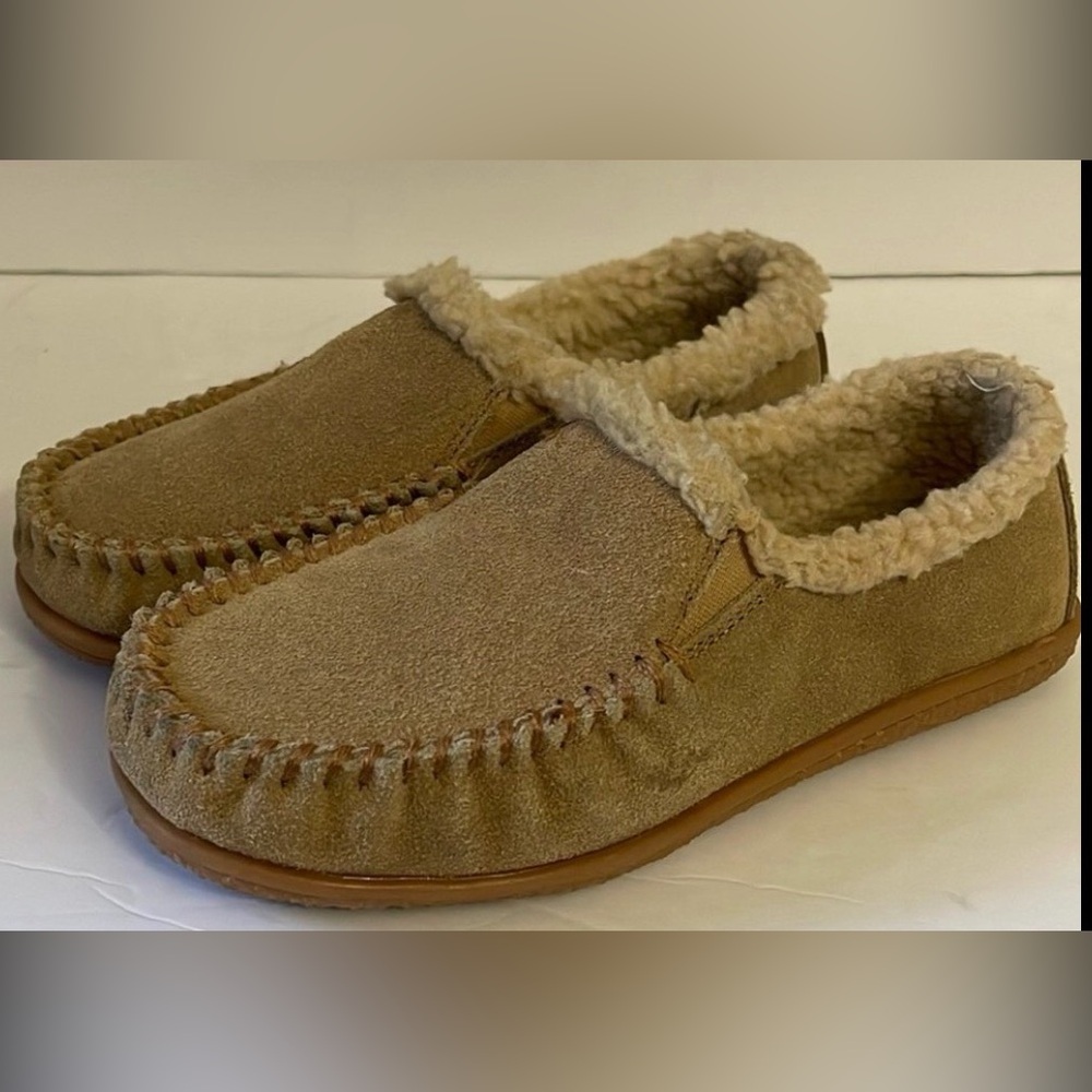 Minnetonka Suede Leather Moccasin Slippers Faux‎ Fur Lining Tan Brown Size 6M